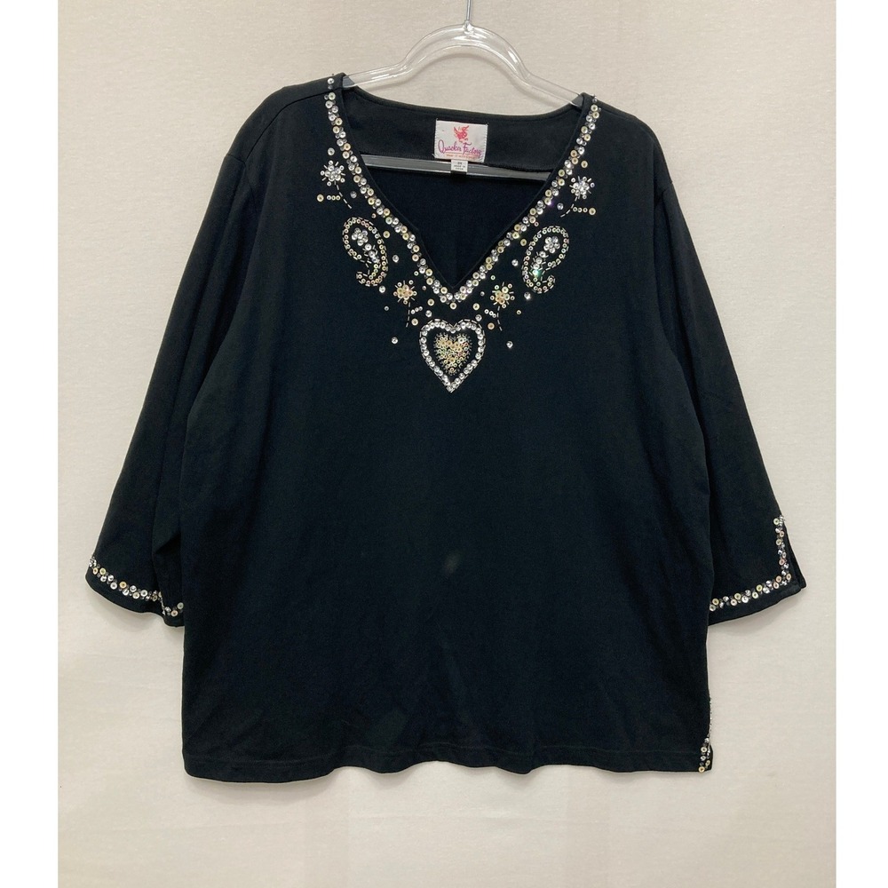 Quacker Factory Sequin Heart Top 3X Black Paisley Embellished Cotton V-Neck